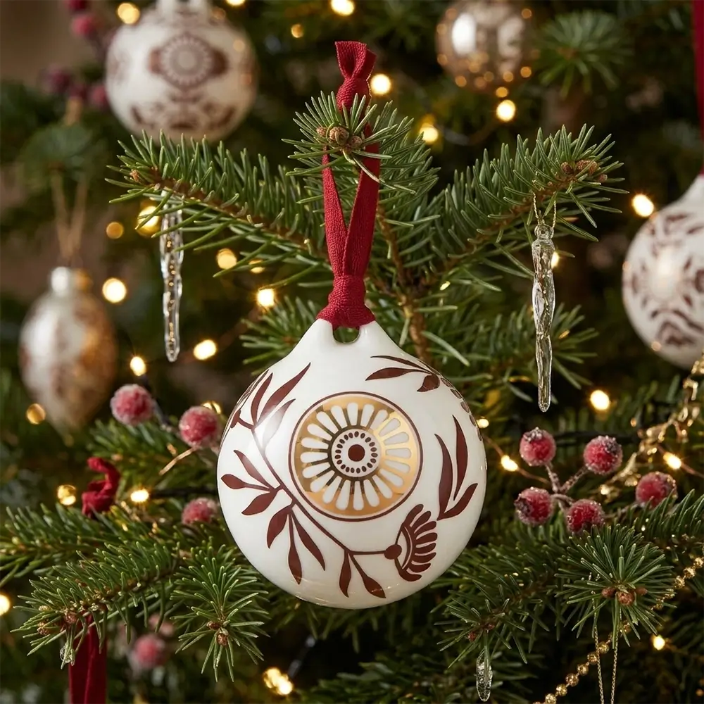Decorative Christmas ornament with intricate design on a tree branch.