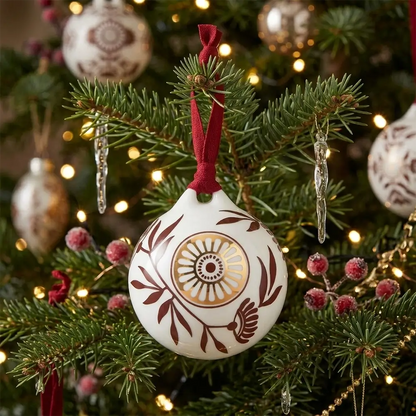 Decorative Christmas ornament with intricate design on a tree branch.