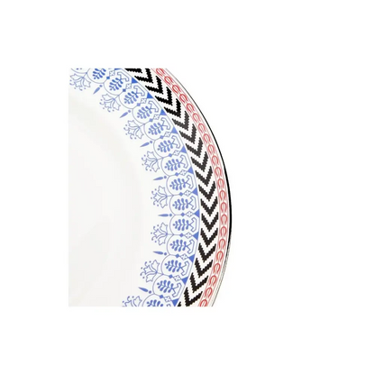 Decorative circular object with floral and chevron patterns