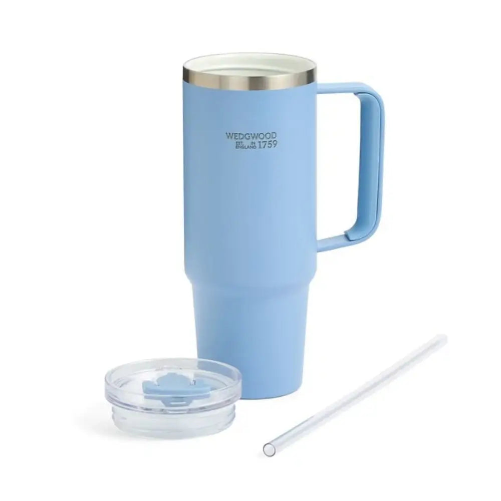 Blue travel mug with handle, lid, and straw on a white background
