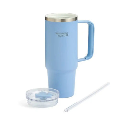 Blue travel mug with handle, lid, and straw on a white background