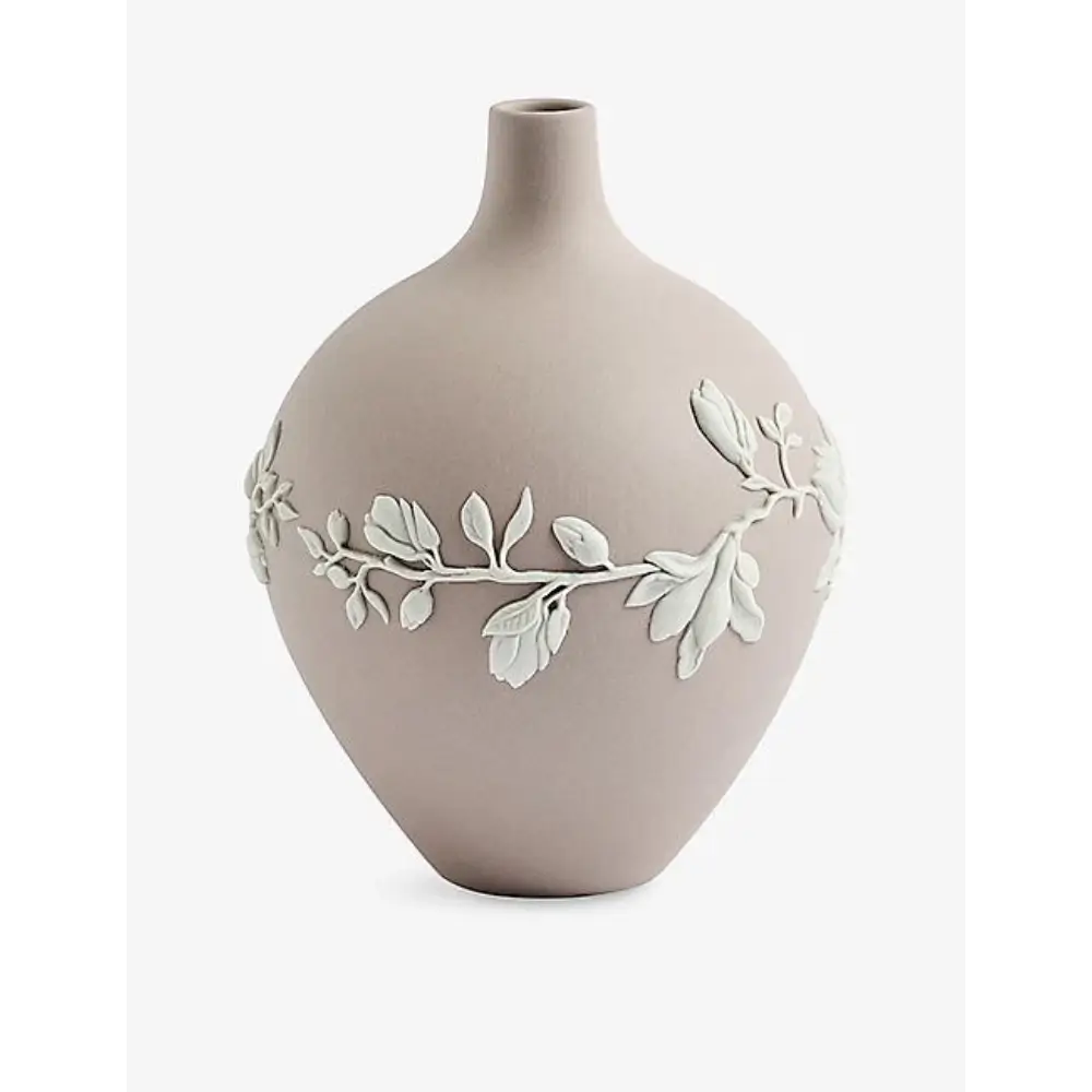 Wedgwood Magnolia Blossom Vase 14cm Made in England - Pale pink Jasperware with White Floral Relief