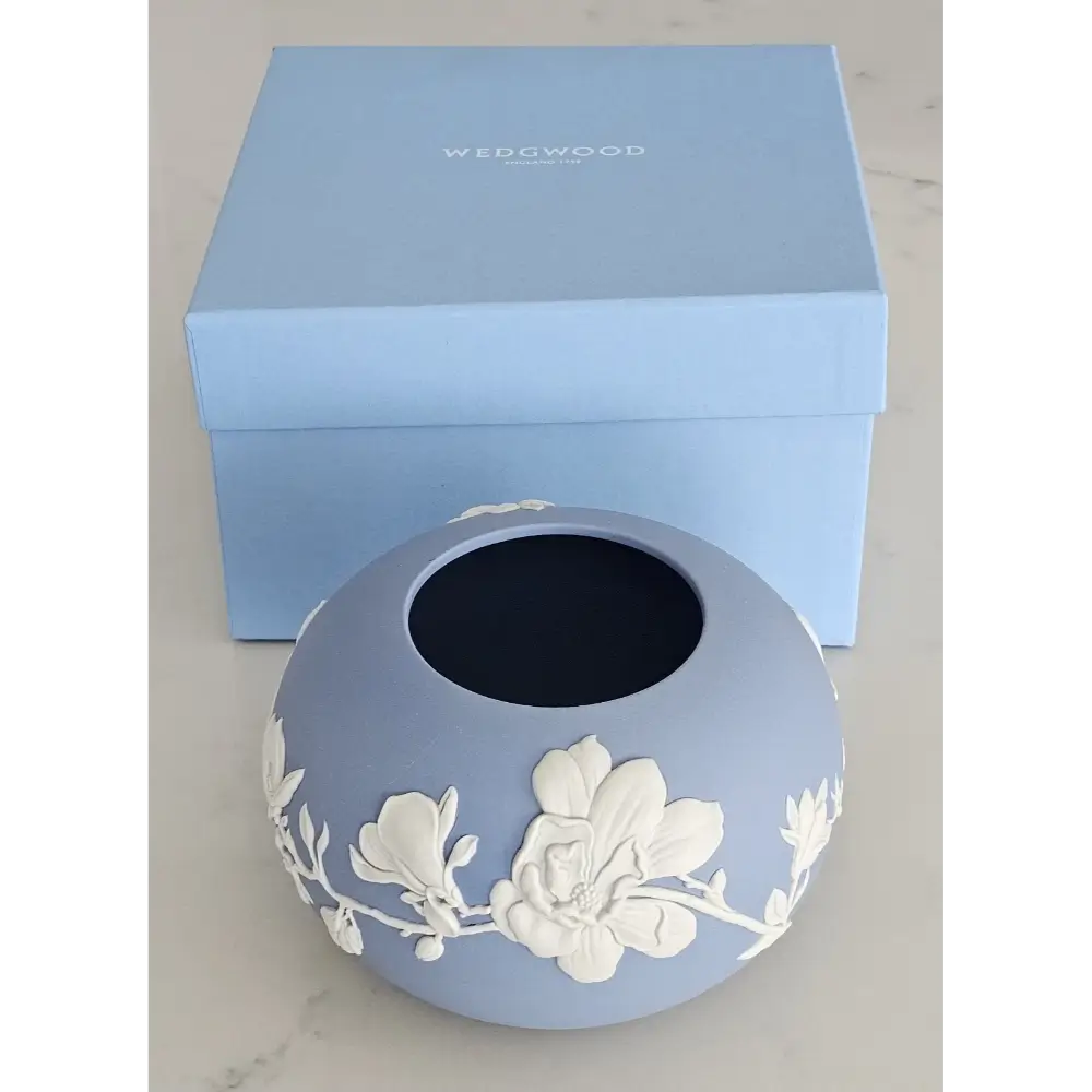 Intricate White Magnolia Flower Details on Wedgwood Classic Blue Jasperware Stoneware