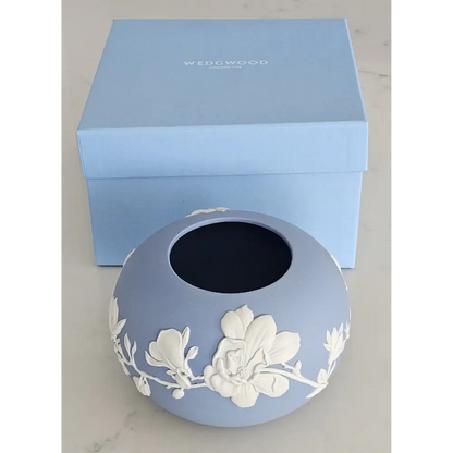 Intricate White Magnolia Flower Details on Wedgwood Classic Blue Jasperware Stoneware