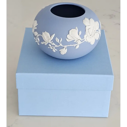 Wedgwood Magnolia Blossom Classic Blue Jasperware Rose Bowl Vase 17x11cm New with Presentation Box 