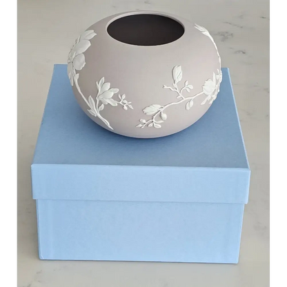 Close-up of Hand-applied White Magnolia Relief on Wedgwood Pale Pink Jasperware Vase