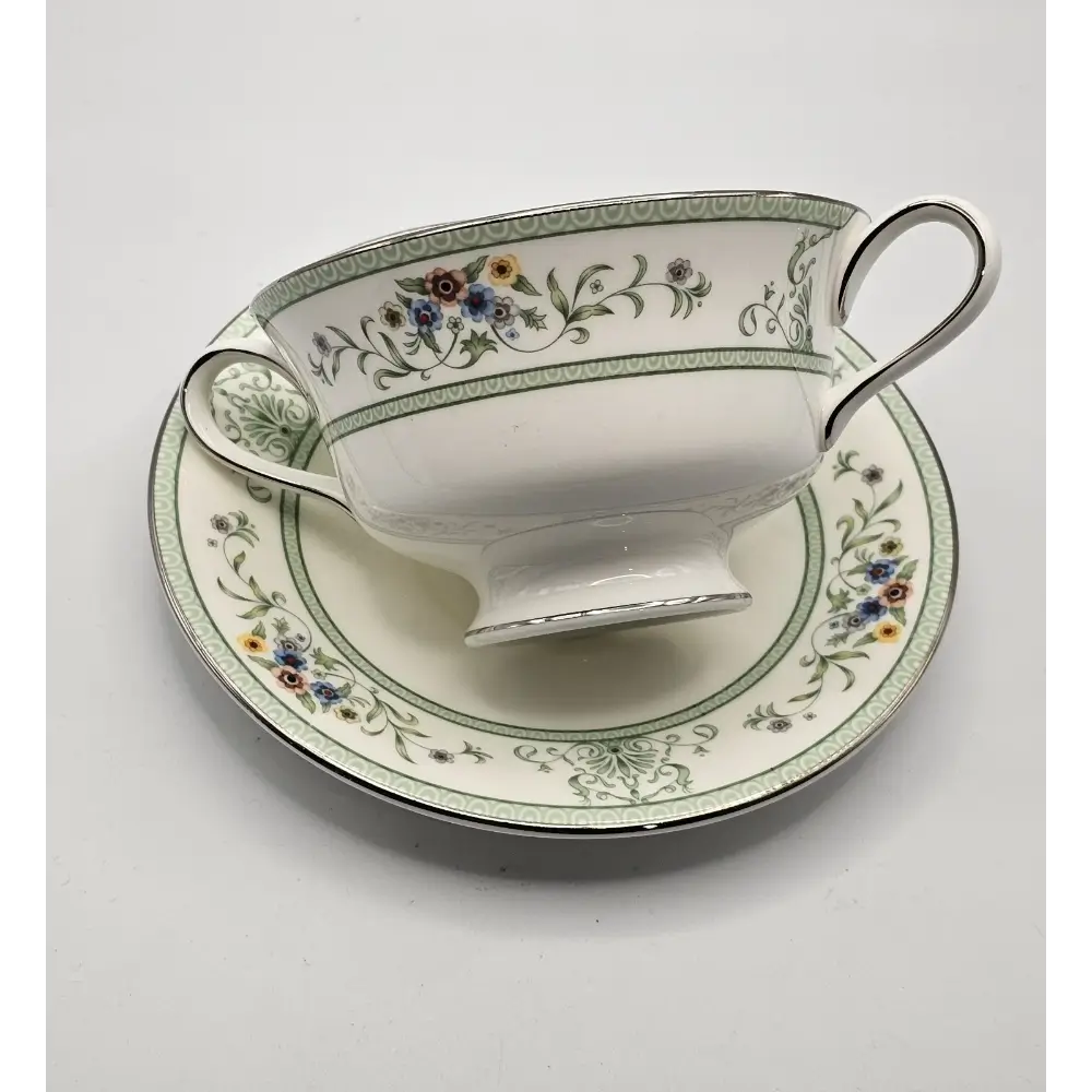 Close-up of Multicoloured Floral Pattern on Wedgwood Agincourt Green Teacup