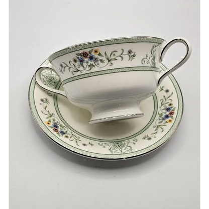 Close-up of Multicoloured Floral Pattern on Wedgwood Agincourt Green Teacup