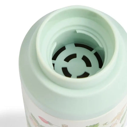 Close-up of a light blue ceramic mug with floral patterns on a white background