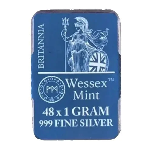 A single square silver coin from Wessex Mint, British Britannia, with a blue protective plastic cover and white text and illustration, isolated on a white background.