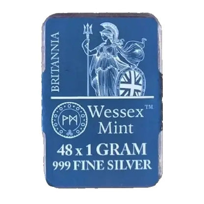 A single square silver coin from Wessex Mint, British Britannia, with a blue protective plastic cover and white text and illustration, isolated on a white background.