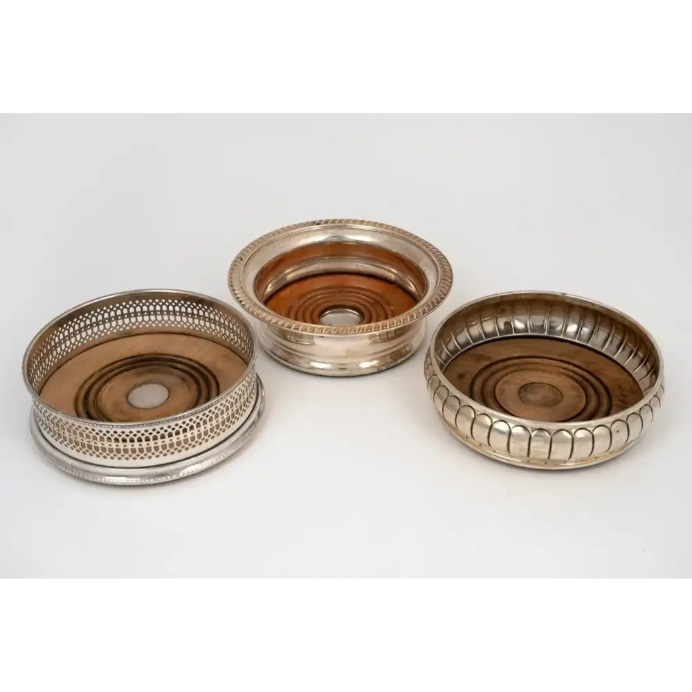 Antique Sterling Silver Wine Bottle Coasters - 14cm Weighted Base (Set of 3)