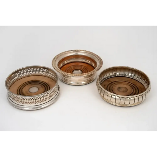 Antique Sterling Silver Wine Bottle Coasters - 14cm Weighted Base (Set of 3)