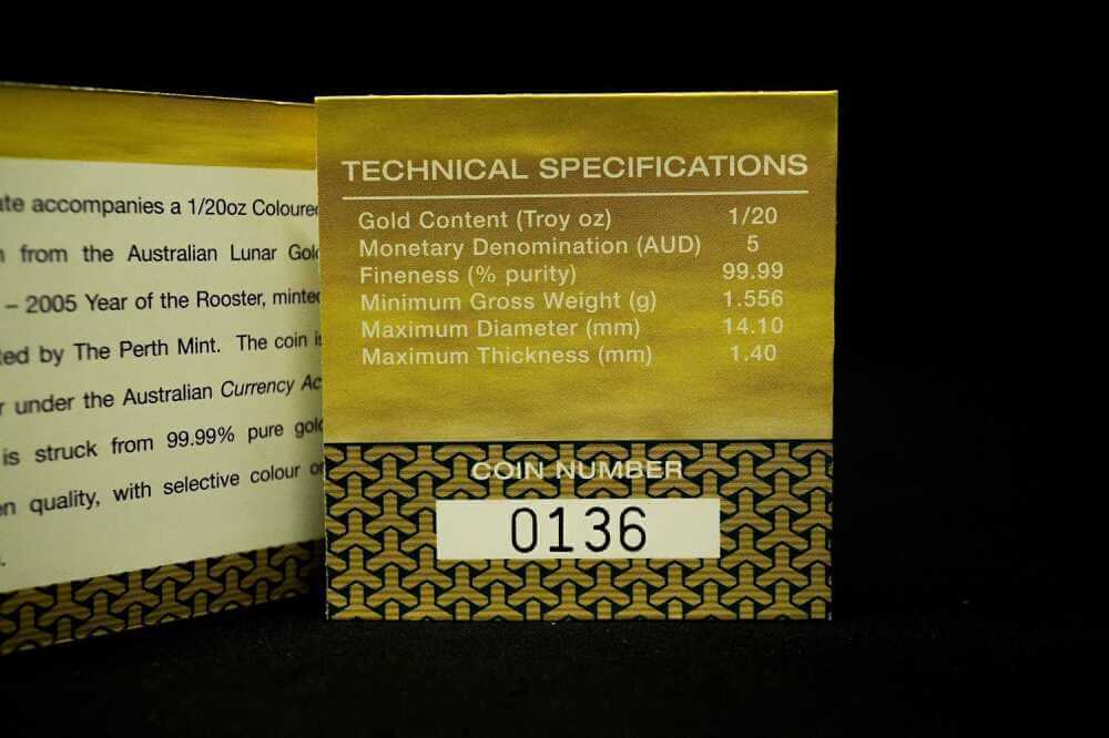 Certificate of authenticity for 2005 Rooster Coloured Edition gold coin
