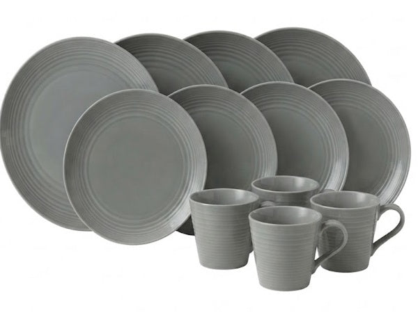 A 12-piece gray ceramic dinnerware set including six plates and six mugs, all featuring a matching ribbed texture and concentric circle pattern on the rims, set against a plain white background.