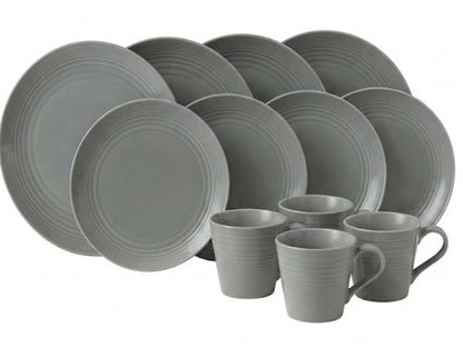 A 12-piece gray ceramic dinnerware set including six plates and six mugs, all featuring a matching ribbed texture and concentric circle pattern on the rims, set against a plain white background.