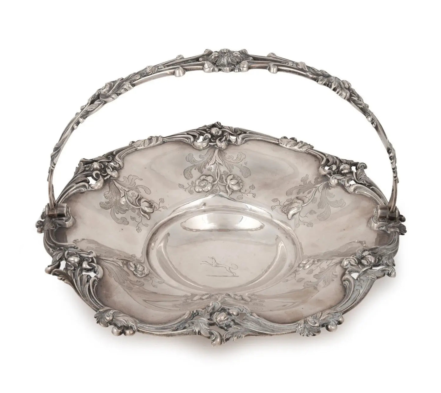 An ornate silver metal basket with a decorative floral handle, photographed on a clean white background from our Antique & Vintage Collectibles Australia collection