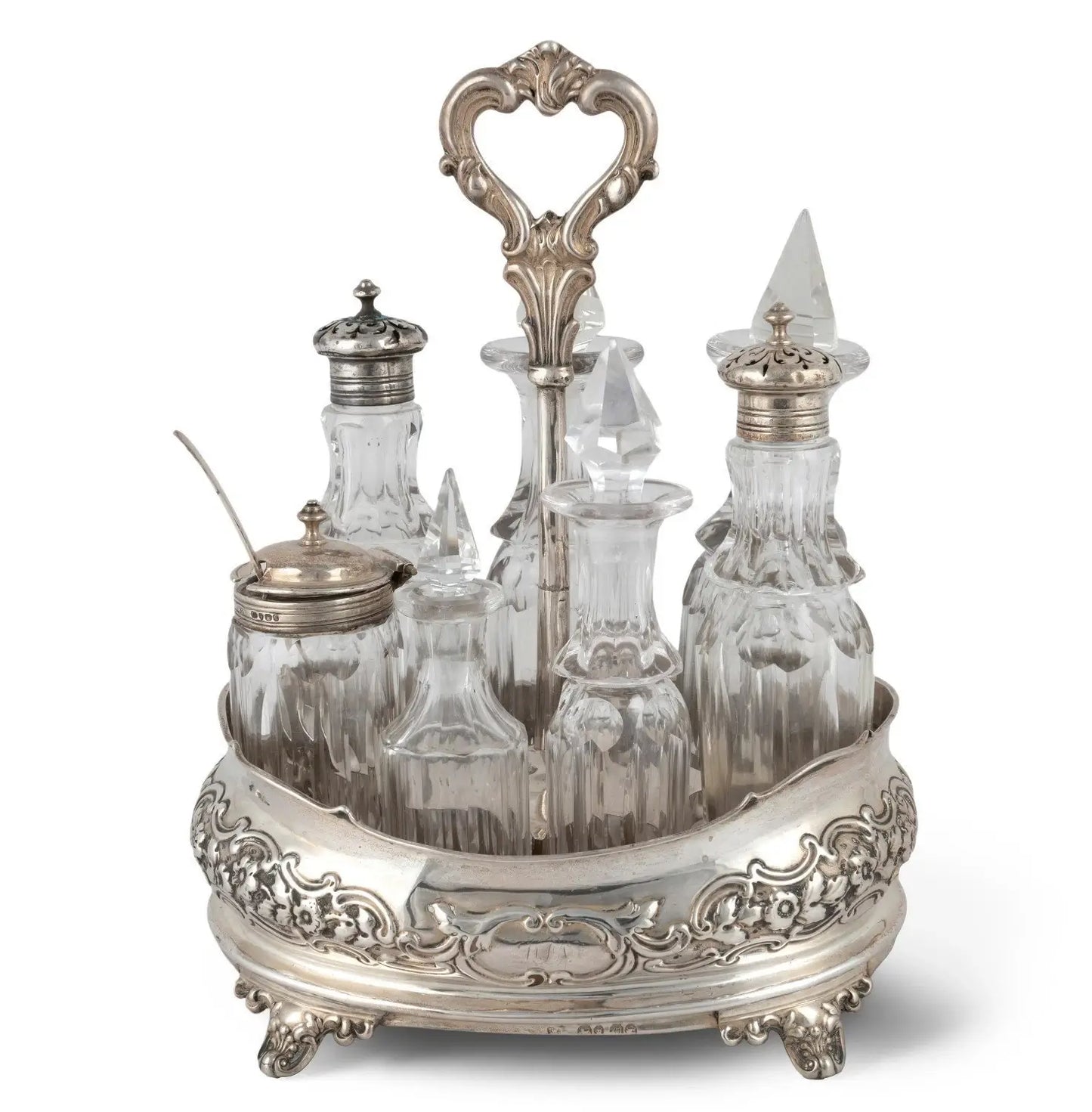 An ornate six-piece silver and crystal ink bottle set on a white background. The set includes six clear cut-crystal ink bottles and two silver-toned containers with silver lids, all arranged in a decorative silver tray with a heart-shaped handle from our Antique & Vintage Collectibles Australia collection