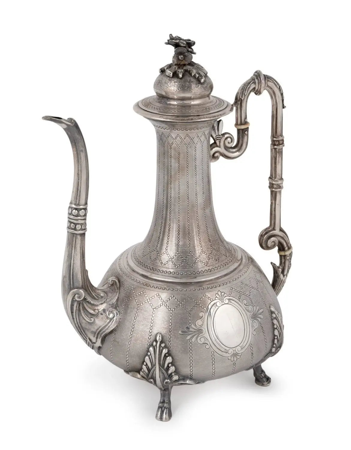 An ornate antique pewter or silver coffee pot with intricate engraved patterns, a curved spout, a decorative handle, and a small finial on the lid, shown against a plain white background from our Antique & Vintage Collectibles Australia
