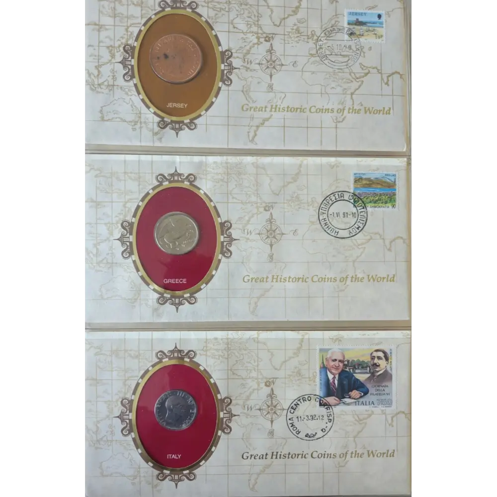 Three vintage coin souvenir albums stacked vertically, each featuring a different historic coin in an oval window with a red background, set against a light beige map-patterned cover with postage stamps.