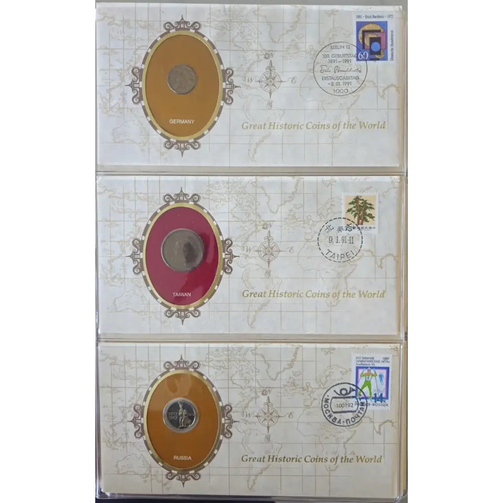 Three stacked collectible coin albums titled 'Great Historic Coins of the World' in clear plastic cases, each featuring a different coin insert: Germany, Saudi Arabia, and Russia. The albums have an off-white map background with gold decorative borders and postmarks.