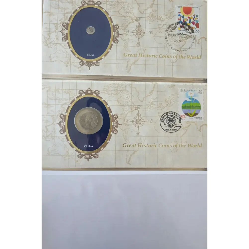 Two vintage postage stamp covers featuring COA and CFA 'Great Historic Coins of the World' stamps, displayed vertically against a light gray background.