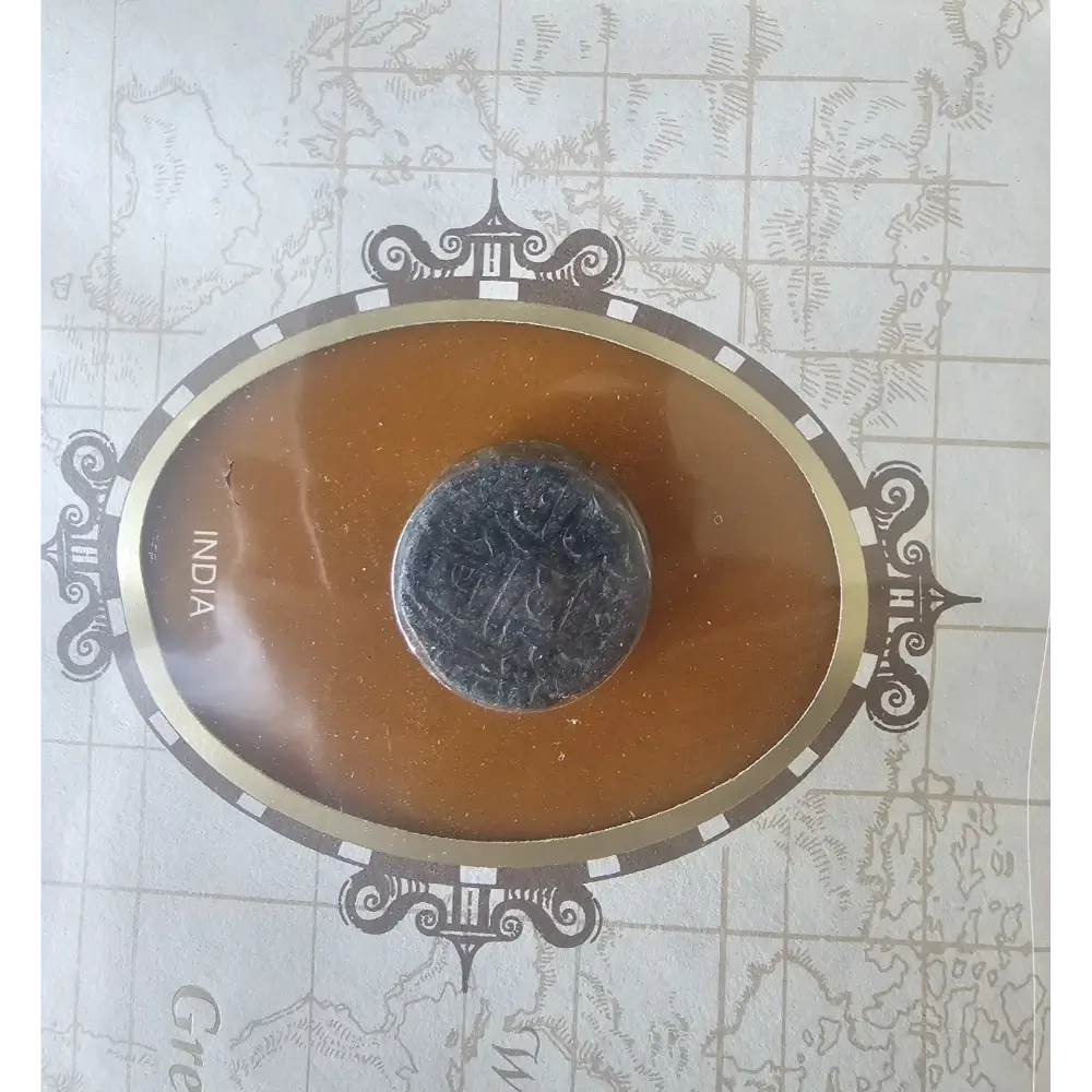 An oval-shaped brown decorative plate or tray with a central round dark emblem, photographed from above on a light map-patterned background. The plate has a gold-toned border and the word 'INDIA' printed on the left side.