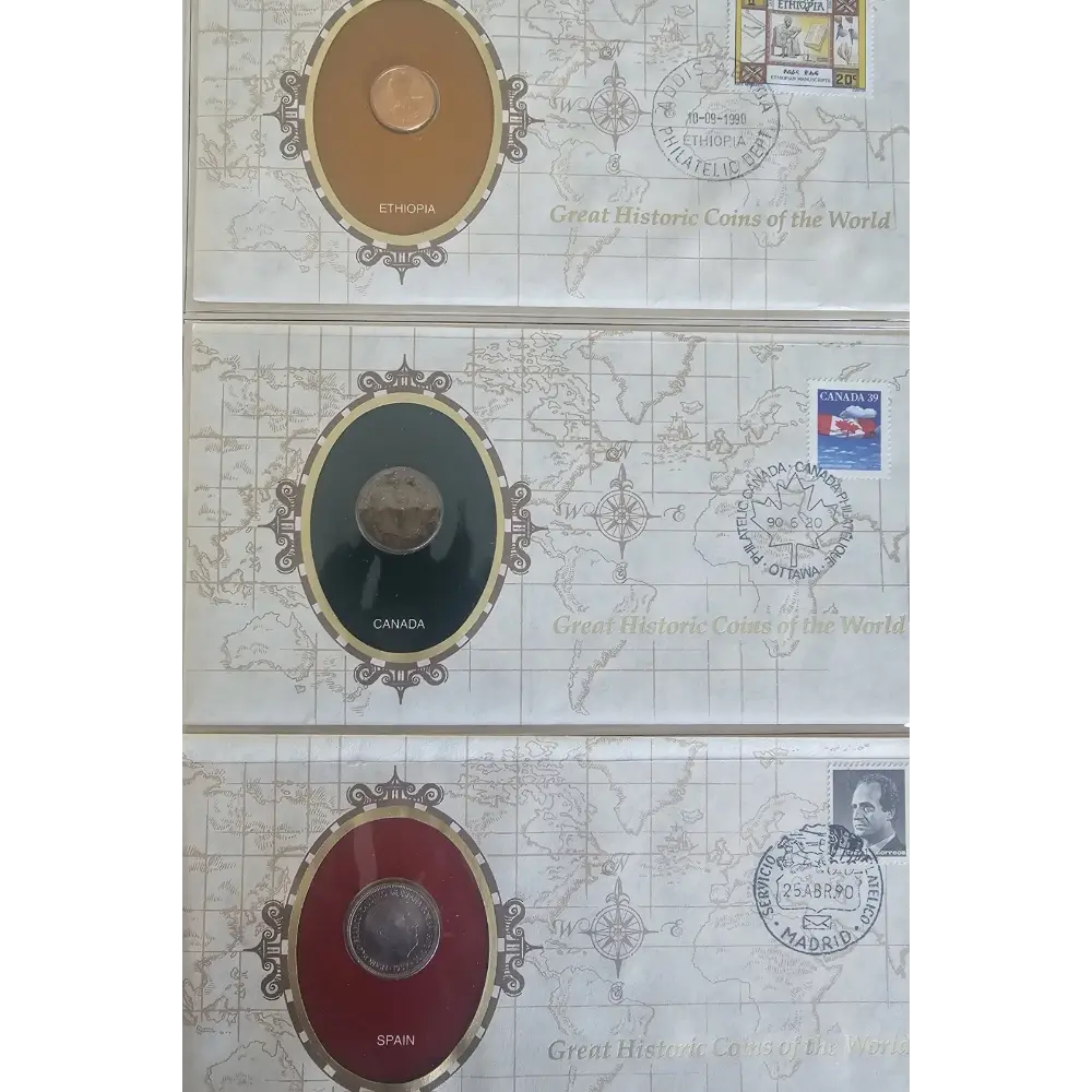 Three vintage collectible coin envelopes showing Ethiopia, Canada, and Spain, displayed vertically on a white background.