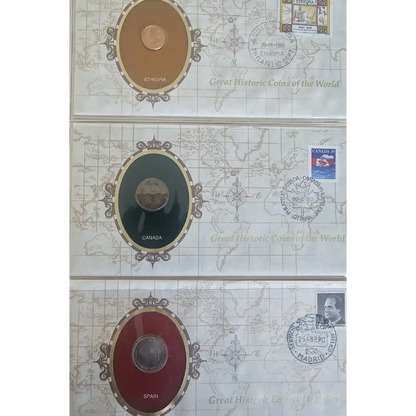 Three vintage collectible coin envelopes showing Ethiopia, Canada, and Spain, displayed vertically on a white background.