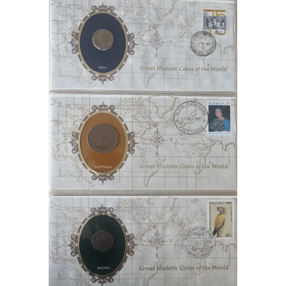 Three stacked collectible coin envelopes from Great Historic Coins of the World, each featuring a different coin from India, Australia, and Sri Lanka with postage stamps and country seals.