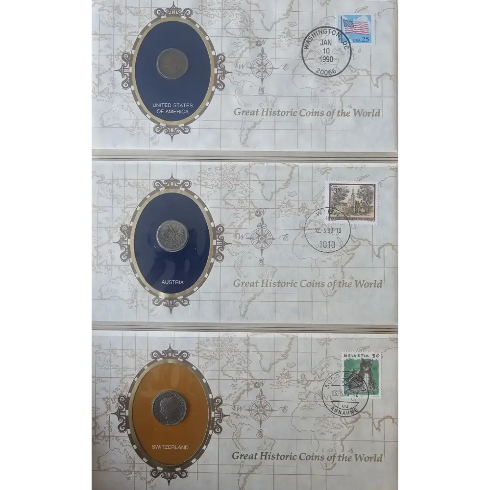 Three collectible coin envelopes displaying historic coins from the United States, Australia, and Great Britain, arranged vertically on a light background.