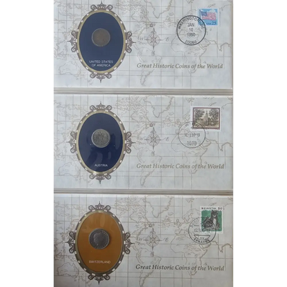 Three collectible coin envelopes displaying historic coins from the United States, Australia, and Great Britain, arranged vertically on a light background.