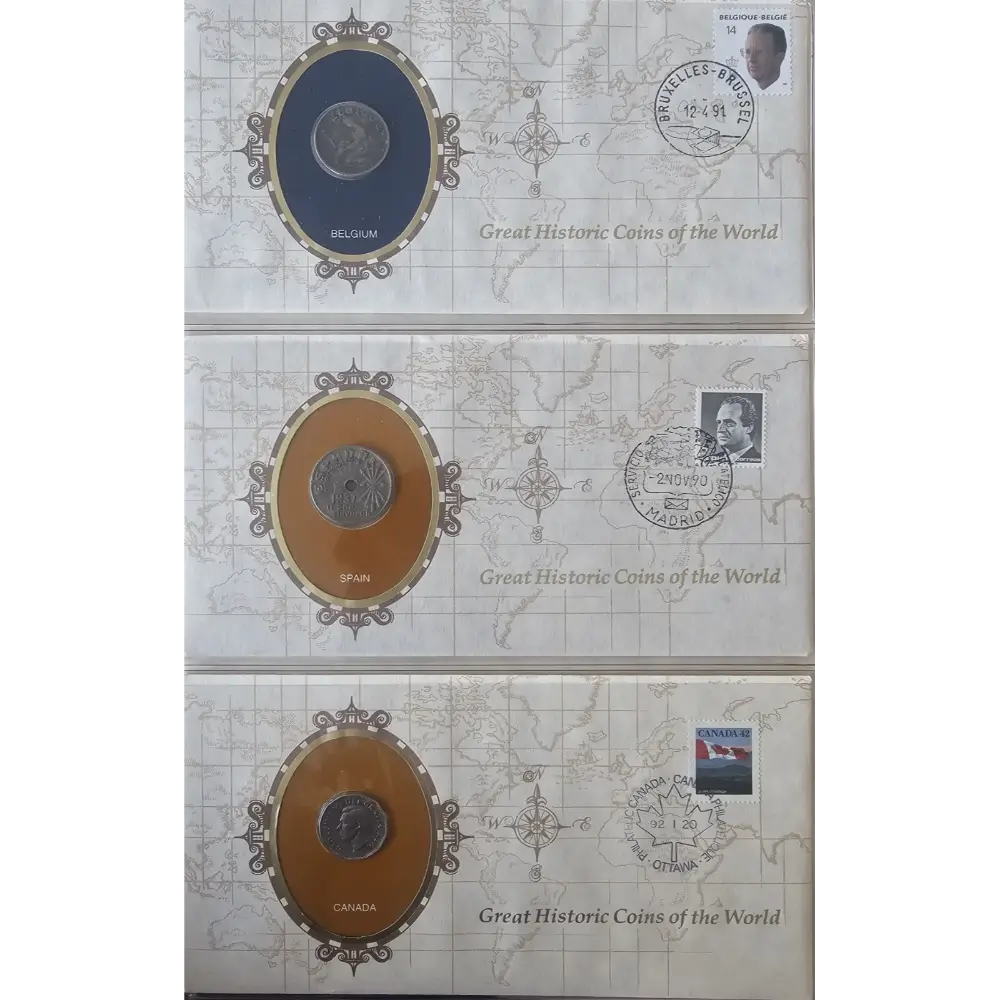 Three vintage postage stamp covers stacked vertically, each featuring an oval coin insert and a postage stamp with a cancellation mark. The covers have a light beige map background and are labeled 'Great Historic Coins of the World'.