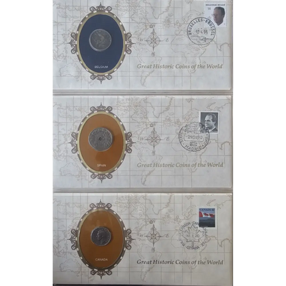 Three vintage postage stamp covers stacked vertically, each featuring an oval coin insert and a postage stamp with a cancellation mark. The covers have a light beige map background and are labeled 'Great Historic Coins of the World'.
