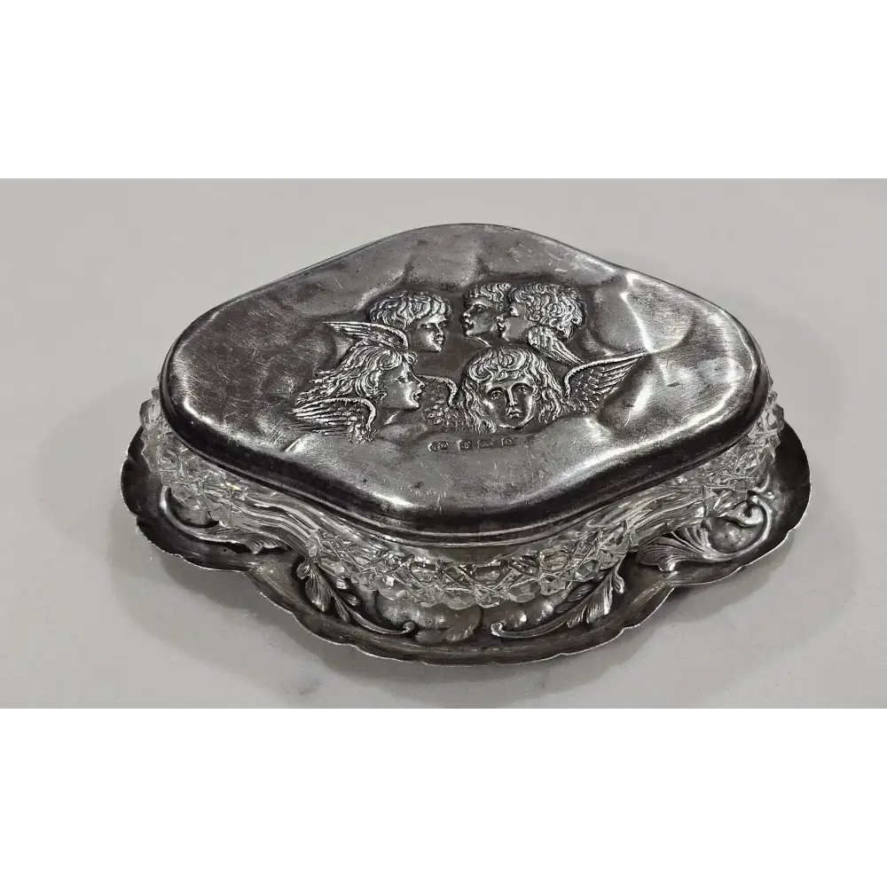 Antique "Chorus of Angels" Sterling Silver Dish & Lidded Crystal Box Set (58g Silver)