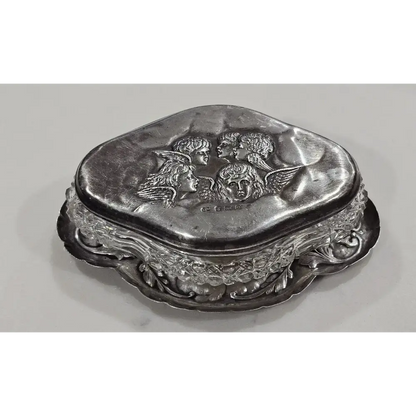 Antique "Chorus of Angels" Sterling Silver Dish & Lidded Crystal Box Set (58g Silver)