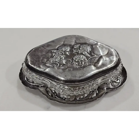 Antique "Chorus of Angels" Sterling Silver Dish & Lidded Crystal Box Set (58g Silver)