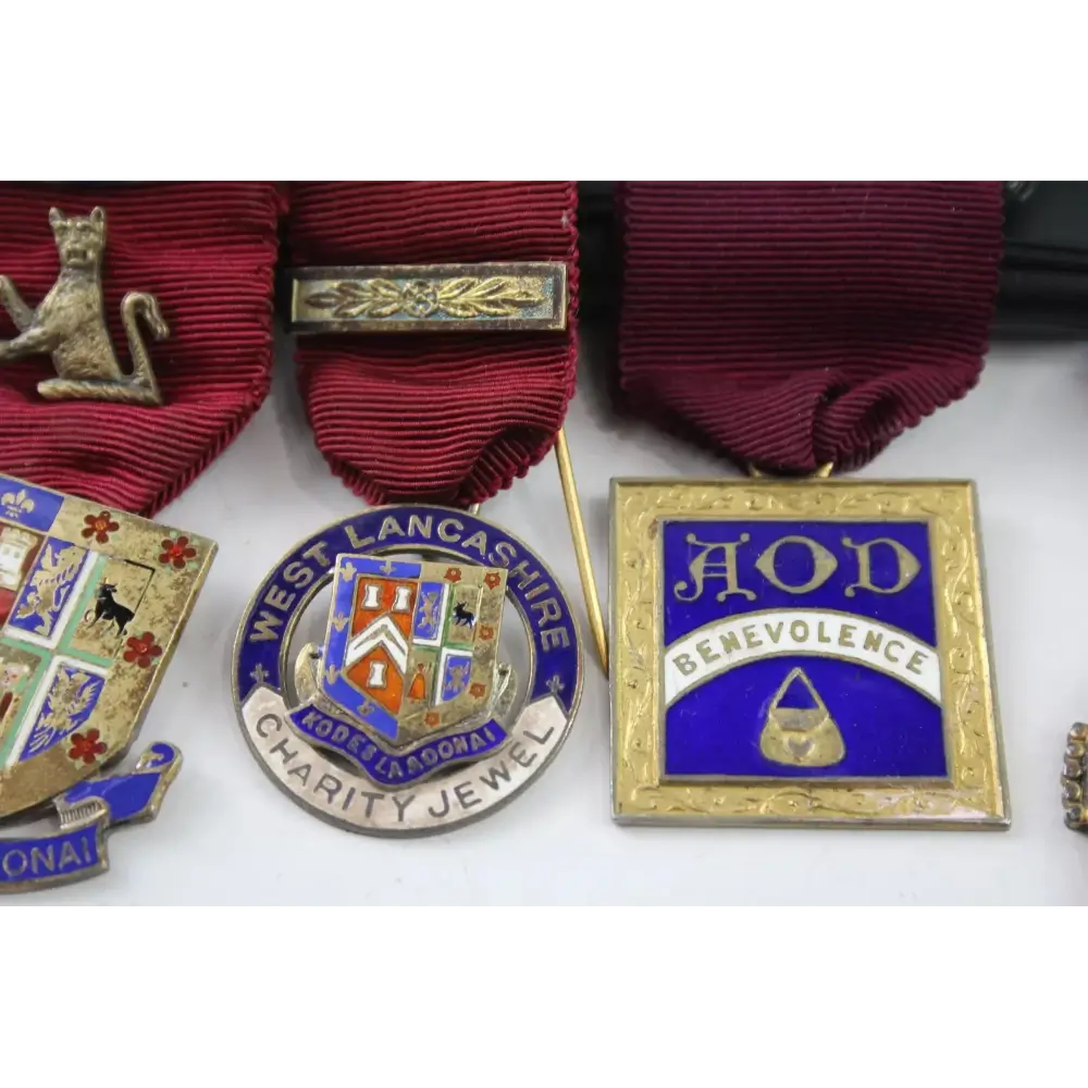 Close-up of sterling silver RMBI Life Member Masonic charity jewel with red ribbon