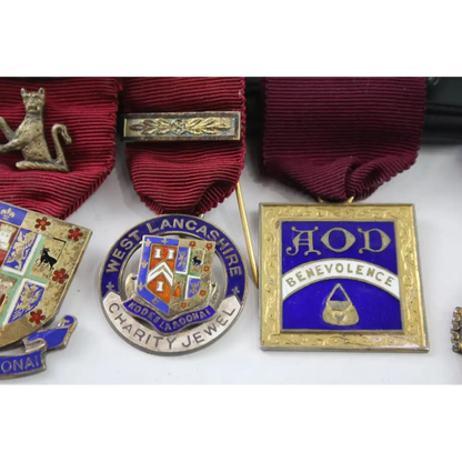 Close-up of sterling silver RMBI Life Member Masonic charity jewel with red ribbon