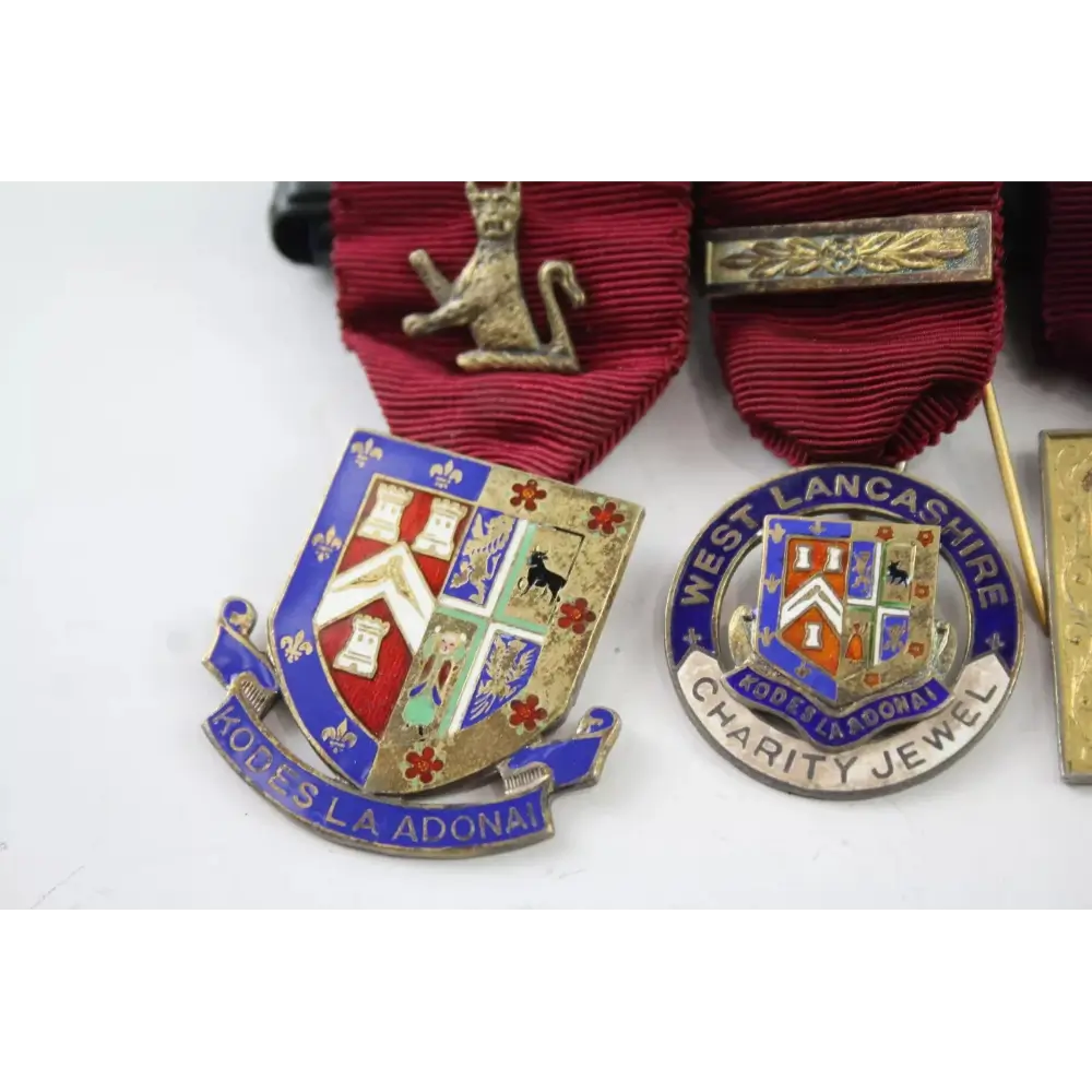 Close-up of  2 sterling silver RMBI Life Member Masonic charity jewel with red ribbon