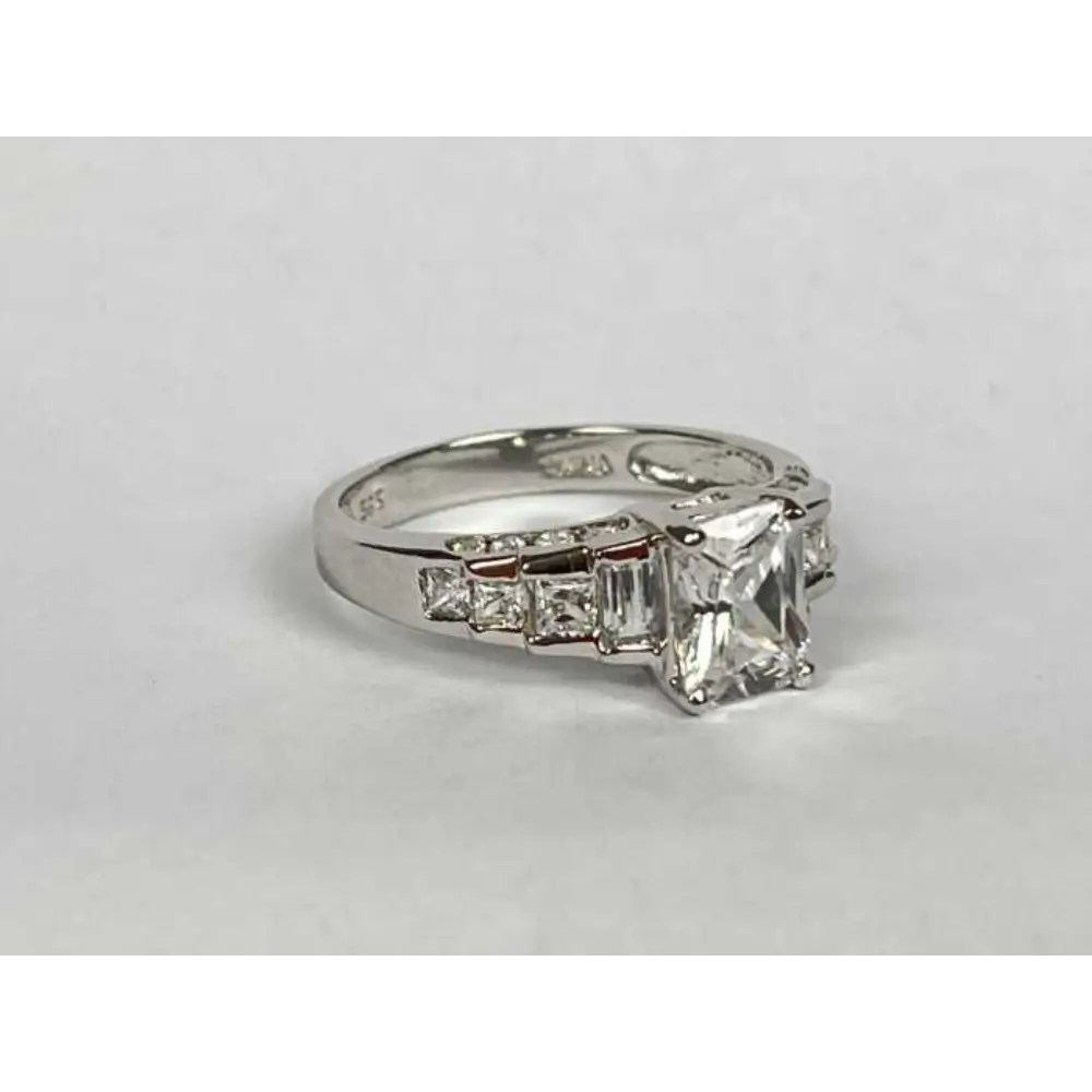 14ct White Gold Ring with Emerald Cut and Baguette Cubic Zirconias - 8mm Setting from our Genuine Pre-Owned Luxury Rings & Designer Jewellery
