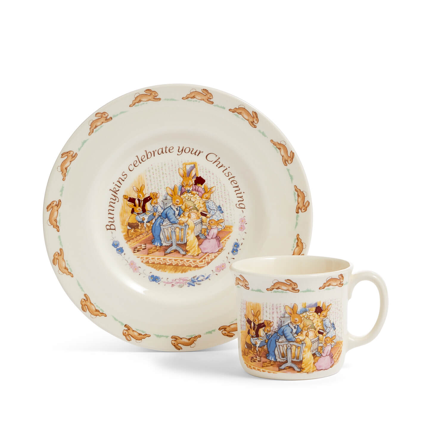 Ceramic plate and mug set with decorative design and text from our Royal Doulton Bunnykins Baby Gifts Australia collection