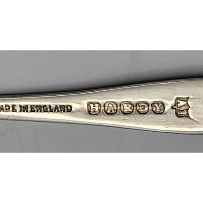 Silver spoon with 'Made in England' and 'Hardy' branding 