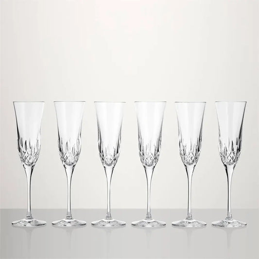 Waterford Lismore Essence crystal champagne flutes, set of six, standing in a row