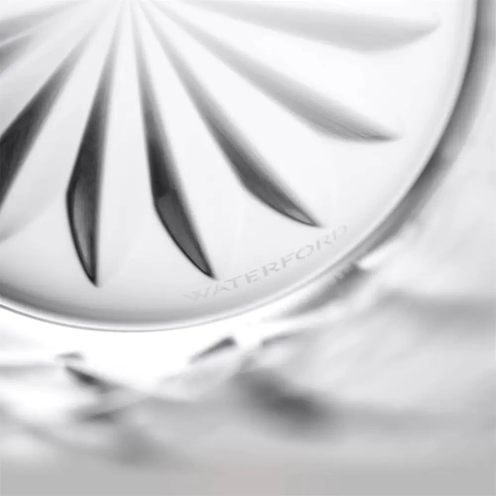 Close-up of a clear glass water feature or fountain basin with a faceted circular design and the brand name WATERFOR1 subtly etched near the rim.