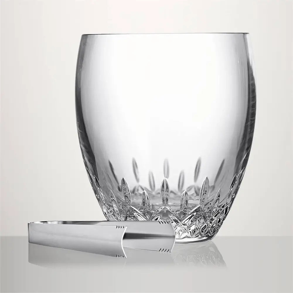 A clear cut-crystal tumbler glass with a matching silver-toned metal ice pick set, displayed on a reflective light gray surface against a neutral light gray background from our Waterford Crystal Australia – Outlet & Sale Collection