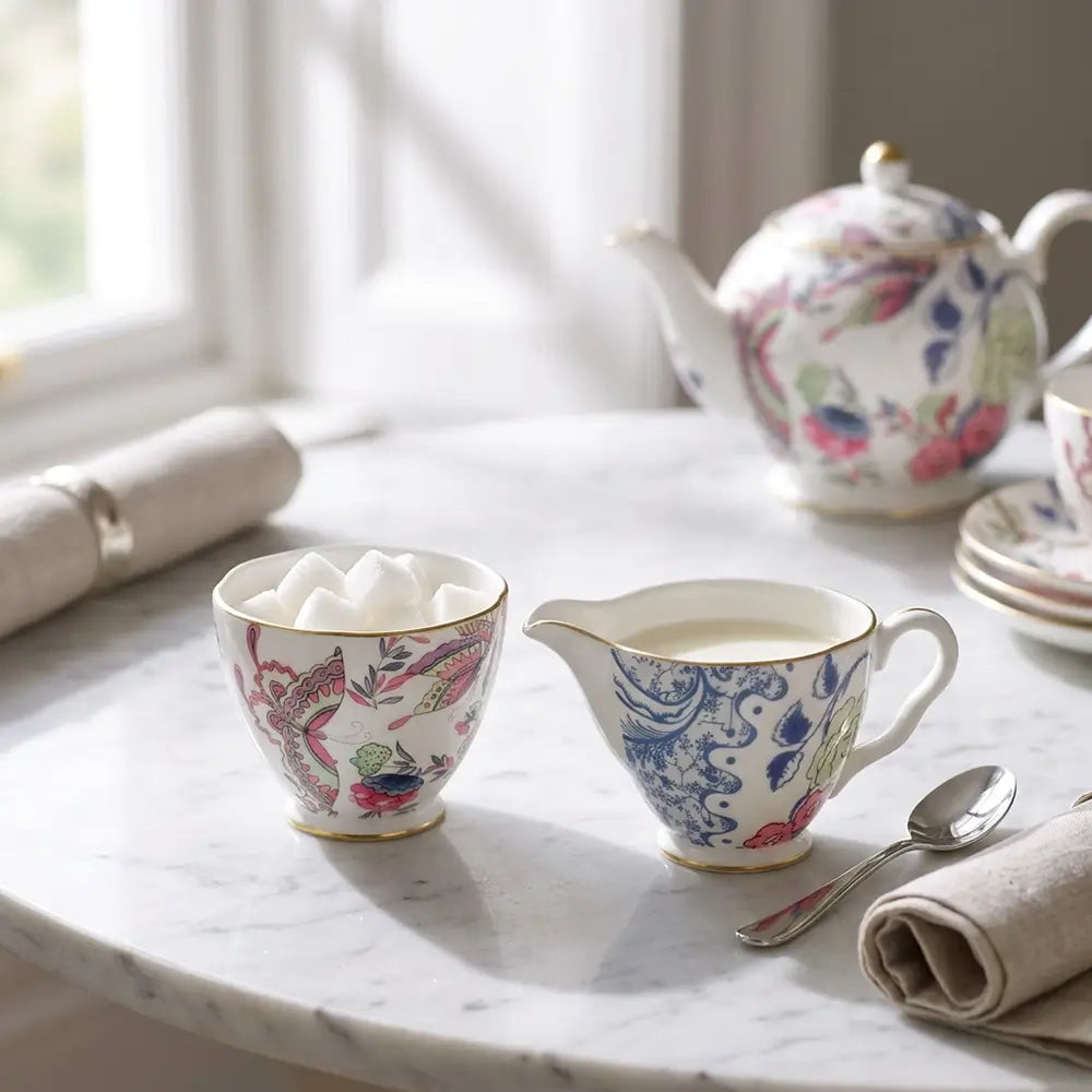 Close-up lifestyle shot of Wedgwood Paeonia Blush tea accessories featuring vibrant pink butterfly and blue floral motifs.